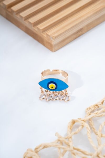 Gold Nazar Boncuğu Charmlı Yüzük