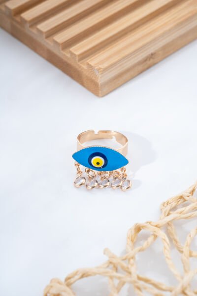 Gold Nazar Boncuğu Charmlı Yüzük