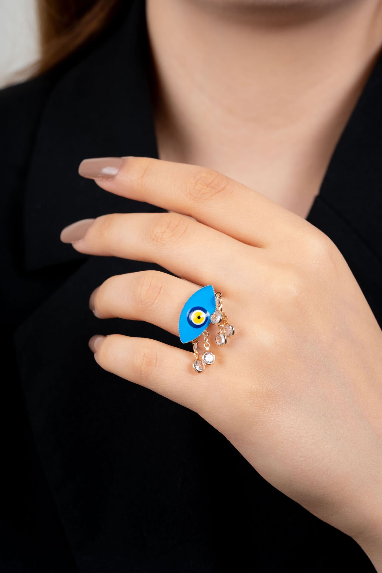 Gold Nazar Boncuğu Charmlı Yüzük