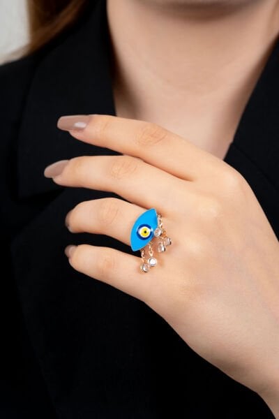 Gold Nazar Boncuğu Charmlı Yüzük