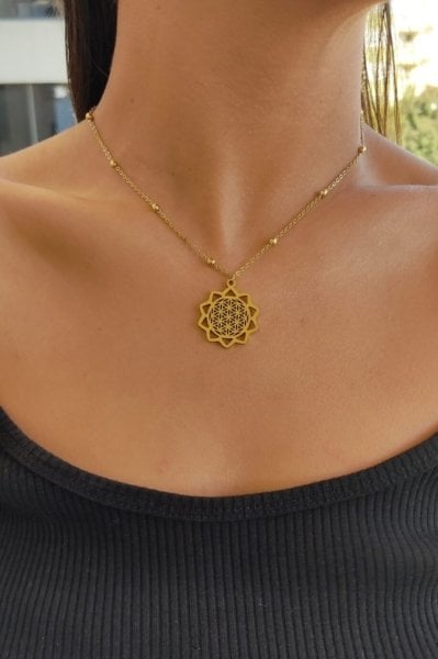 Yaşam çiçeği çelik kolye gold