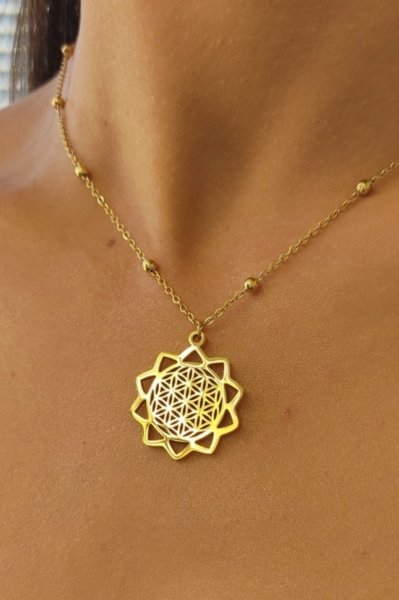 Yaşam çiçeği çelik kolye gold
