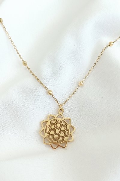 Yaşam çiçeği çelik kolye gold