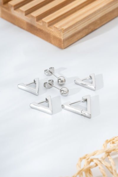 Üçlü Geometrik Gümüş Renk Küpe Seti
