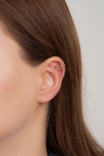 Zincir Detaylı Altın Renk Ear Cuff VIP Küpe