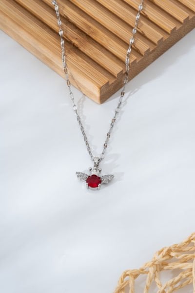 Çelik kırmızı taşlı kolye