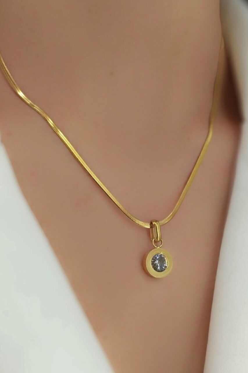 Çelik tek taş kolye gold