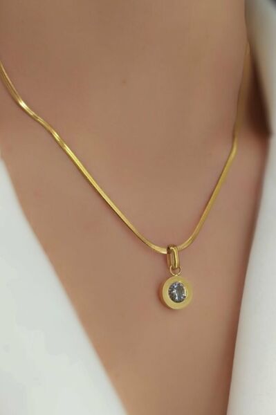 Çelik tek taş kolye gold