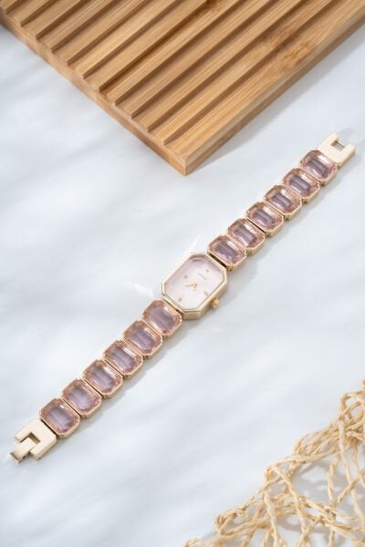 Pudra Cam Taşlı Altın Sarısı Kadın Bileklik Saat