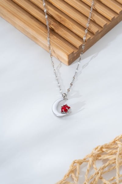 Çelik taşlı ay yıldız kolye