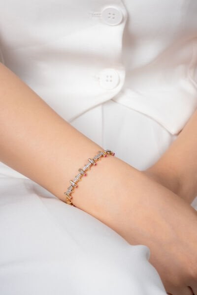 Altın Renk Pembe Taş Detaylı Işıltılı VİP Bileklik