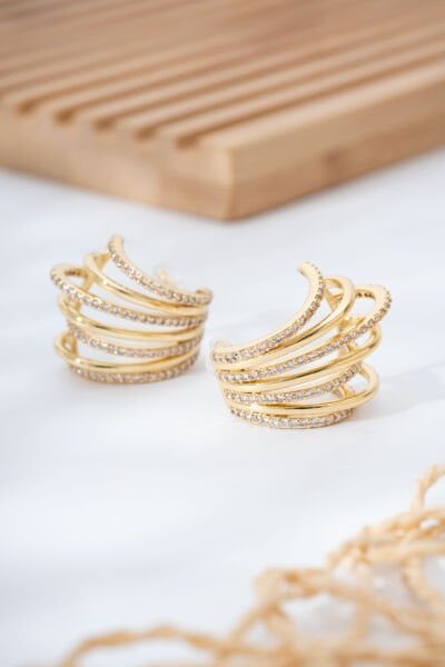 Gold Taşlı Kafes Formlu Küpe