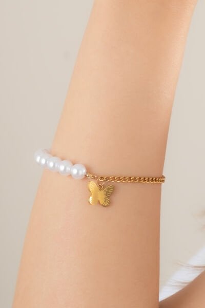 Altın Zincirli İncili Kelebek Charm Kadın Bileklik