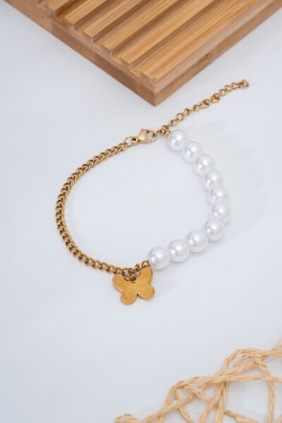 Altın Zincirli İncili Kelebek Charm Kadın Bileklik