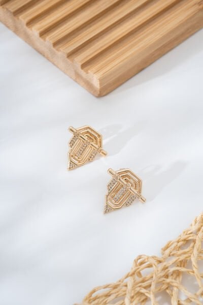 Altın Sarısı Geometrik Taş İşlemeli Modern VİP Küpe