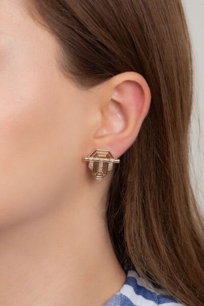 Altın Sarısı Geometrik Taş İşlemeli Modern VİP Küpe