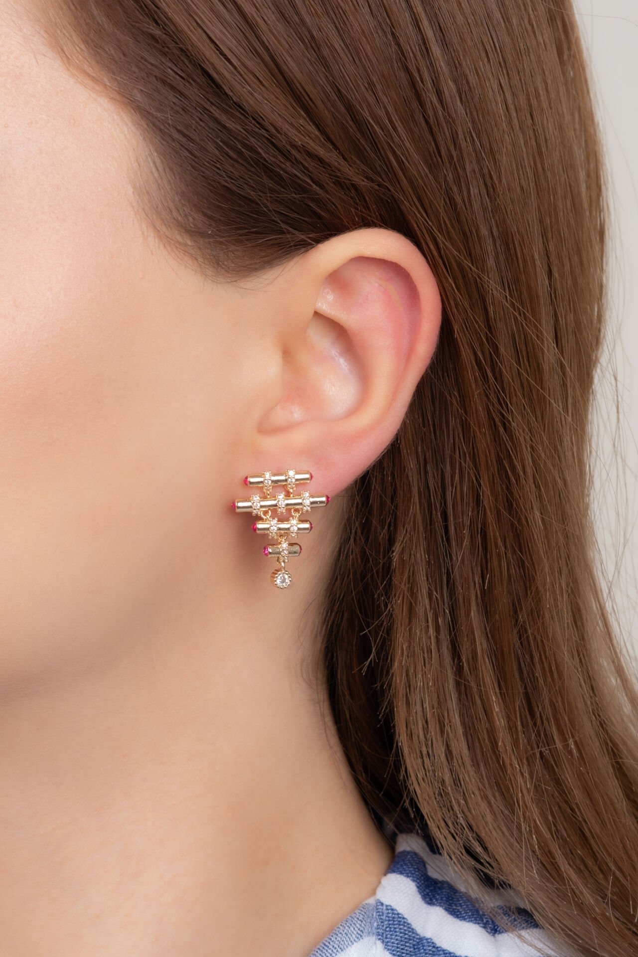 Altın Sarısı Pembe Taş Detaylı VIP Küpe