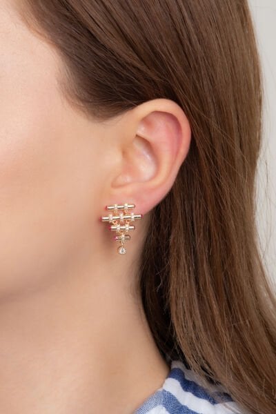 Altın Sarısı Pembe Taş Detaylı VIP Küpe