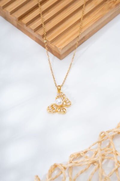 Gold İncili Kelebek Uzun Kolye
