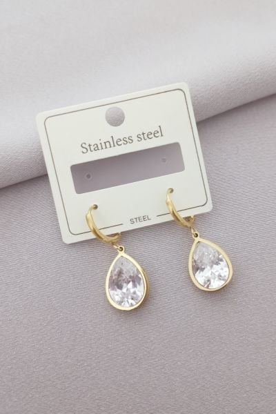 Çelik gold taşlı damla küpe