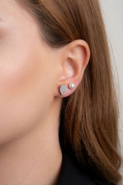 Silver Damla Taşlı İncili Küpe Seti