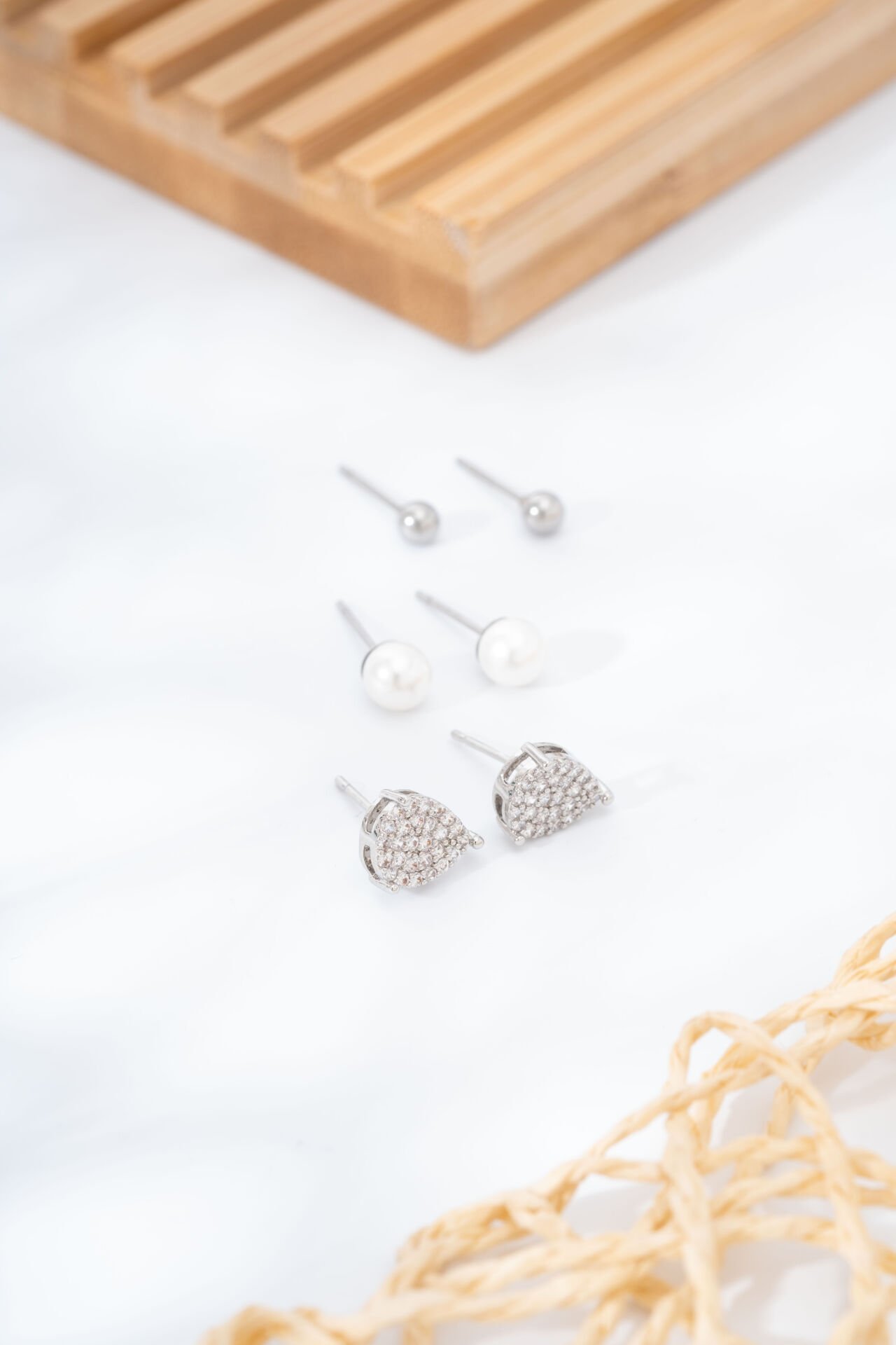 Silver Damla Taşlı İncili Küpe Seti