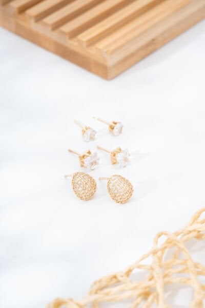 Gold Damla Taşlı Küpe Seti