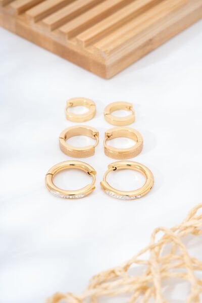 Gold Taşlı Halka Küpe Seti