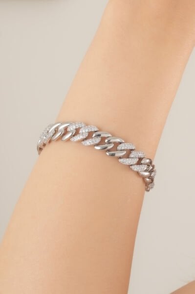 Taş Detaylı Kalın Zincir Model Gümüş Renk VİP Bileklik