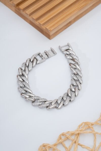 Taş Detaylı Kalın Zincir Model Gümüş Renk VİP Bileklik