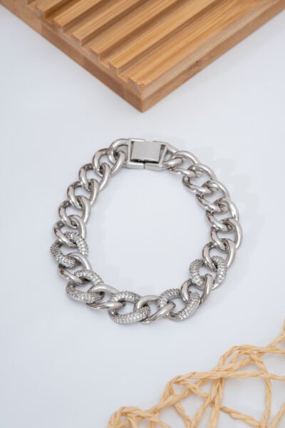 Parlak Taşlı Kalın Zincir Model Gümüş Renk VİP Bileklik