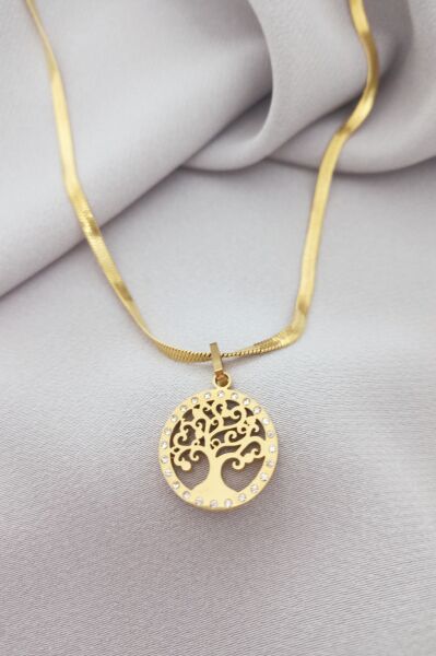 Hayat ağacı çelik kolye gold