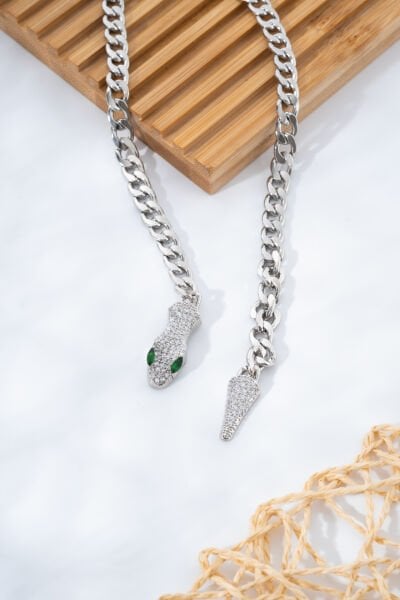 Silver Mıknatıslı Taşlı Yılan Kolye