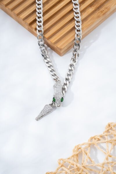 Silver Mıknatıslı Taşlı Yılan VİP Kolye
