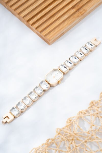 Gold Cam Beyazı Taşlı Saat