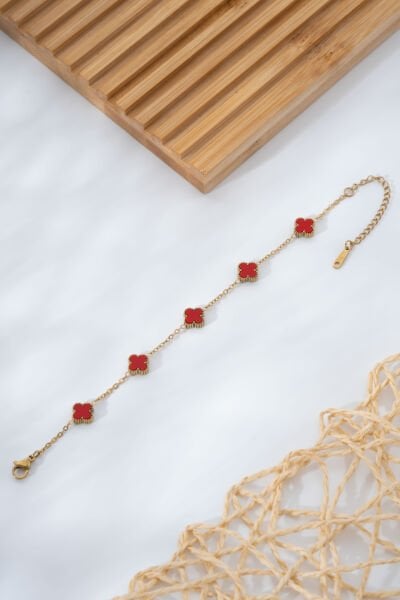 Gold Kırmızı Yonca Bileklik