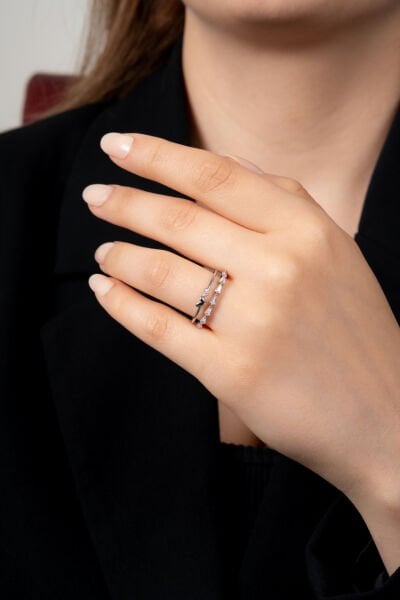 Gümüş Renk Kalp ve Taş Detaylı Çift Bant Ayarlanabilir Kadın Yüzük