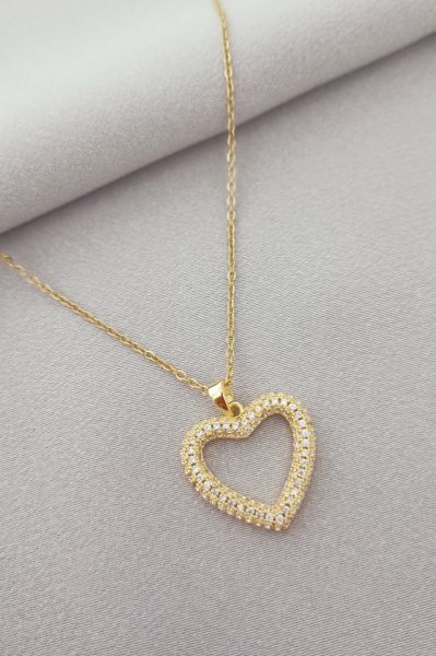 Çelik kalp taşlı kolye gold