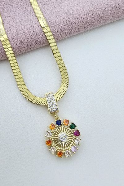 Renkli Taşlı Yuvarlak Kolye