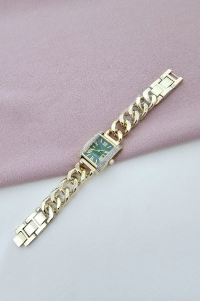 Çelik taşlı zincir model saat gold