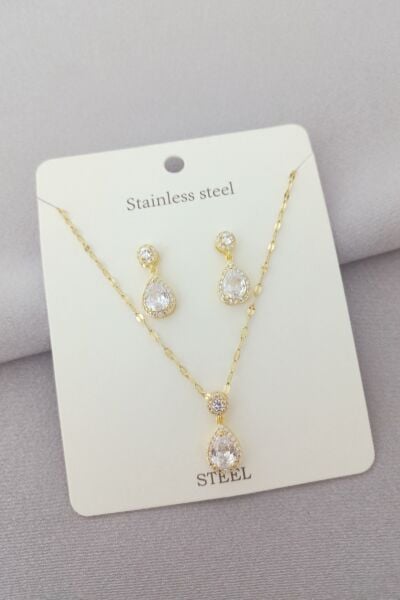 Çelik taşlı kolye küpe set