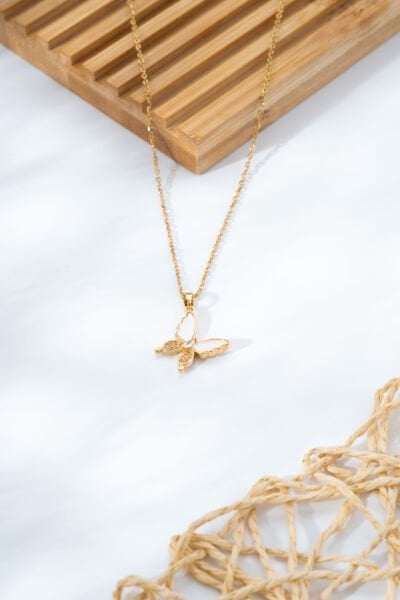 Gold Sedef Mini Taşlı Kelebek Kolye