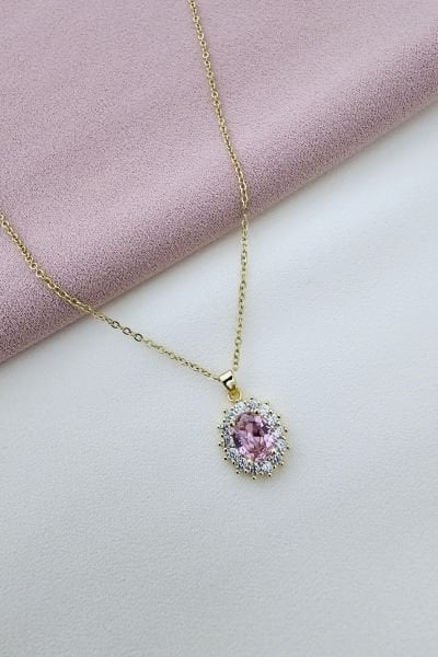 Çelik taşlı kolye gold