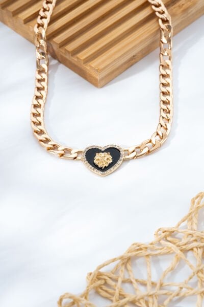 Rose Kalın Zincirli Aslan Figürlü Kalp Kolye