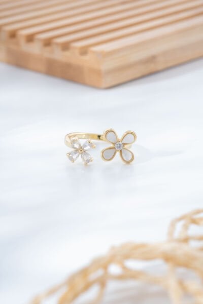 Gold İkili Çiçek Figürlü Zarif Yüzük