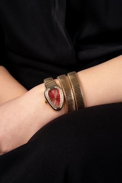 Gold Taşlı Bordo Yılan Saat