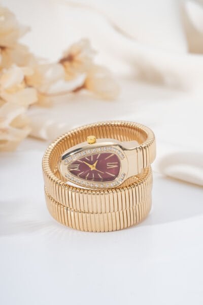 Gold Taşlı Bordo Yılan Saat