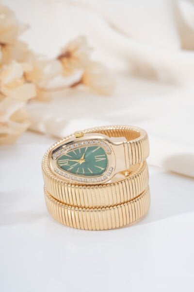 Gold Taşlı Yeşil Yılan Saat