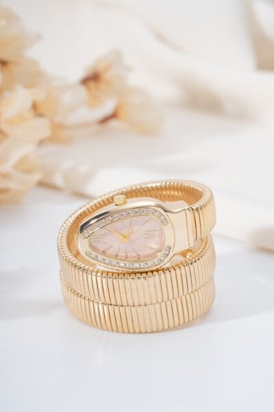 Gold Taşlı Pembe Yılan Saat