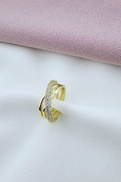 Gold Çapraz Taş Detaylı Çelik Yüzük